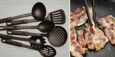 svarta plastredskap, stekpanna med bacon