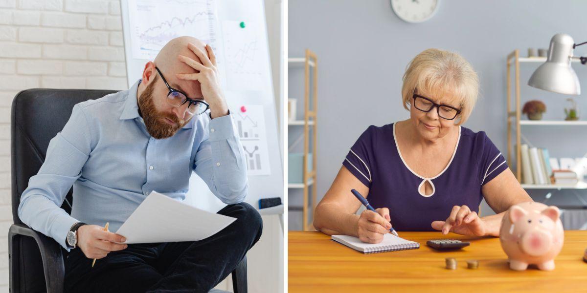 En man läser bekymrat på ett papper och en kvinna sitter och planerar. Besviken på pensionsbeskedet som kom i det brandgula kuvertet? Lugn, du kan fortfarande påverka din framtida pension, det menar två experter
