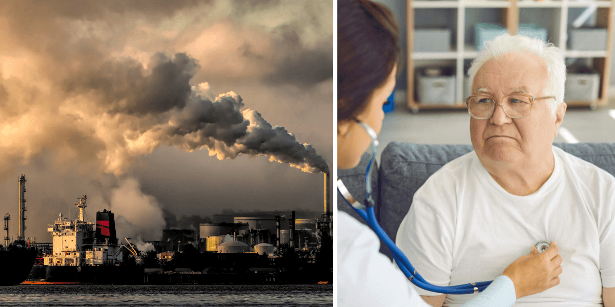 Luftföroreningar och en läkare lyssnar på en mans lungor. Forskare har hittat en länk mellan lungcancer och luftföroreningar