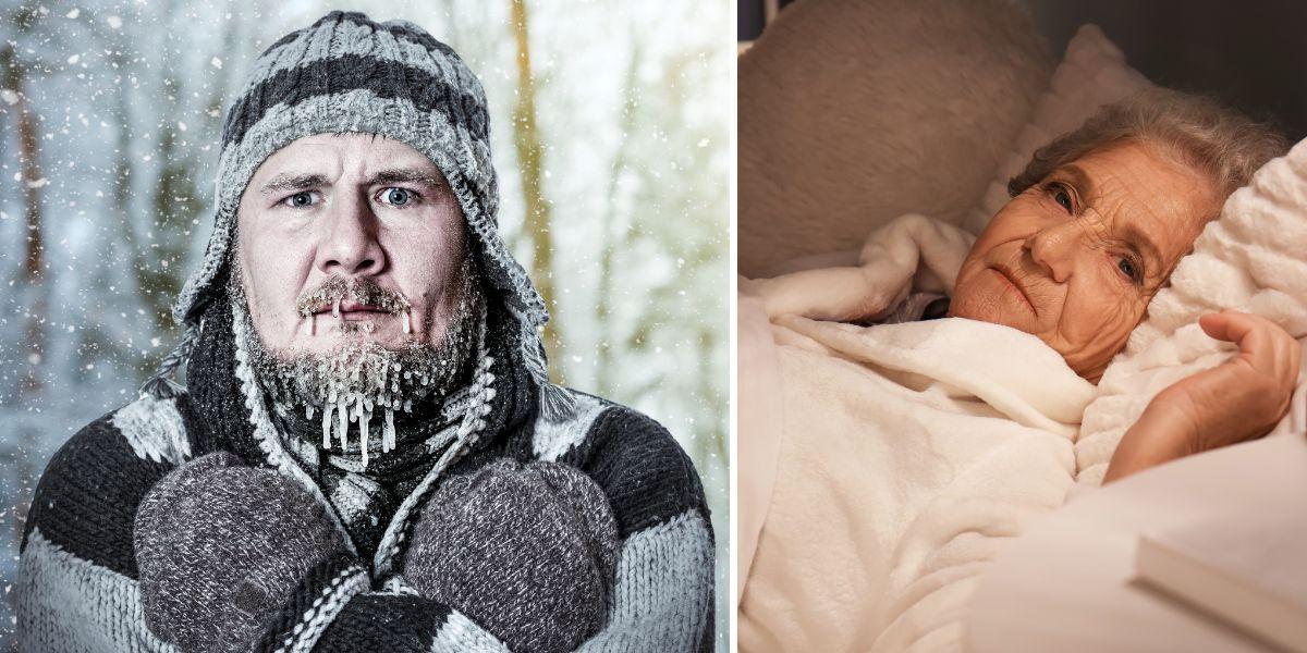 En man med istappar i skägget och en äldre kvinna i sin säng. Antalet personer som fryser ihjäl i Sverige ökar och de flesta som dör av nedkylning är äldre, en australisk studie visar dock att äldre som fryser ihjäl där inte alltid gör det utomhus, utan ganska ofta i sina hem