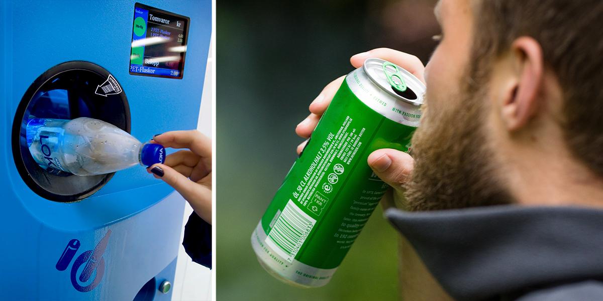 En PEt-flaska pantas och en man dricker ur en ölburk med rätt märkning. I år höjs panten på PET-flaskor och burkar, för att kunna få pant behöver din tomma förpackning ha rätt mått, en läsbar streckkod och en märkning som visar att den ingår i Sveriges pantsystem