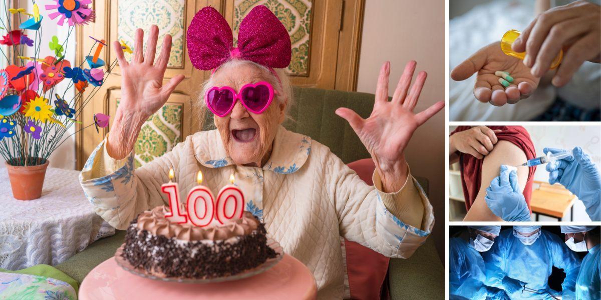 En kvinna fyller 100 år, medicin i en hand, någon vaccineras och en operation. Allt fler svenskar blir 100 år och det beror på flera saker. 100-åringen på bilden har ingenting med texten att göra