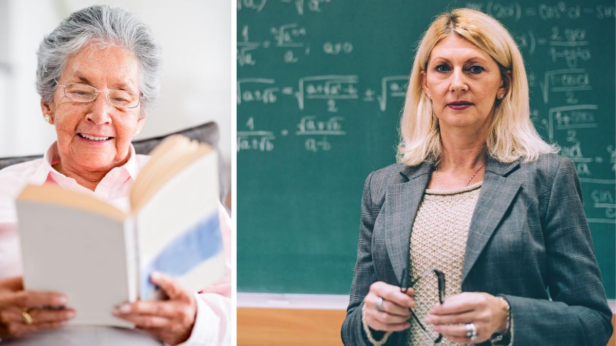 En äldre kvinna läser och en kvinna står framför en svart tavla med räkneexempel. Det går att fördröja den åldersrelaterade försämringen av kognition om du håller igång hjärnan, det visar en studie