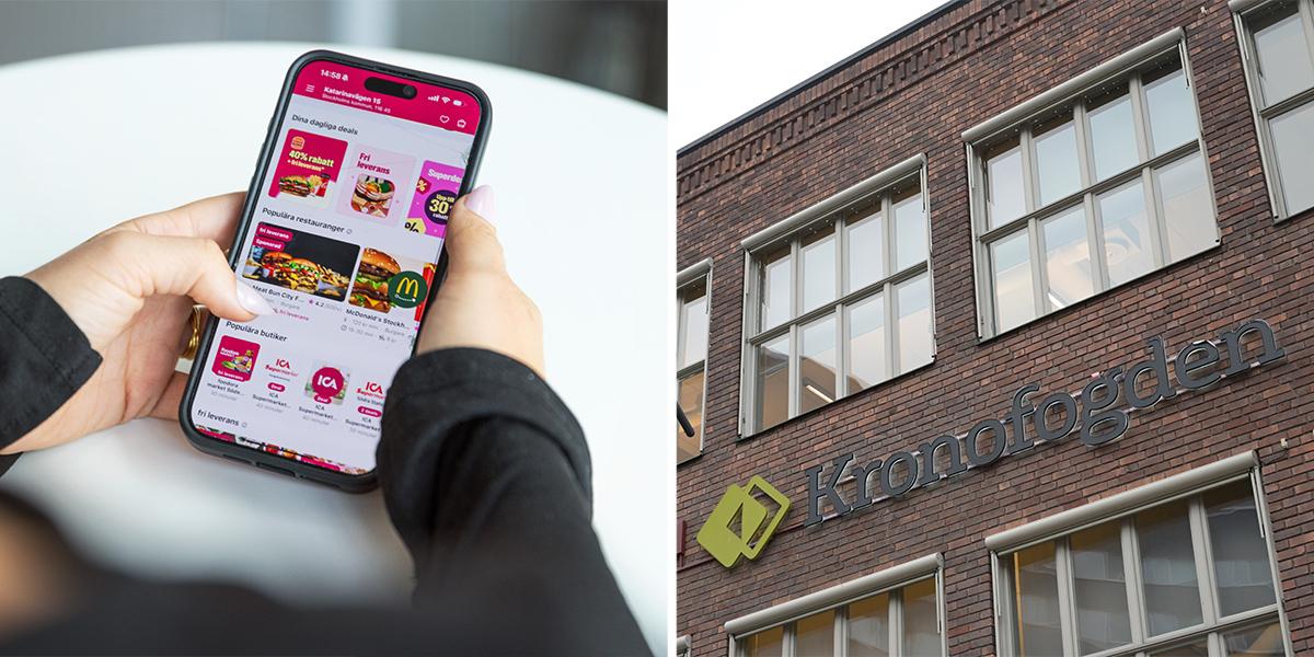 Någon använder Foodoras app och Kronofogdens skylt på en fasad. Allt fler hamnar hos Kronofogden på grund av att de beställt hämtmat från mobilappar som Foodora och Volt