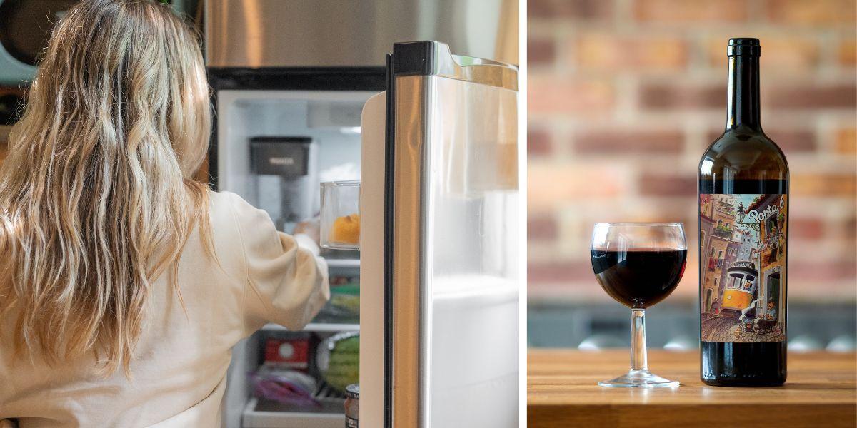 en kvinna tittar i ett kylskåp och en öppnad vinflaska med ett glas. En sommelier och vinskribent ger tips om hur du bäst förvarar vin om du öppnat flaskan eller boxen