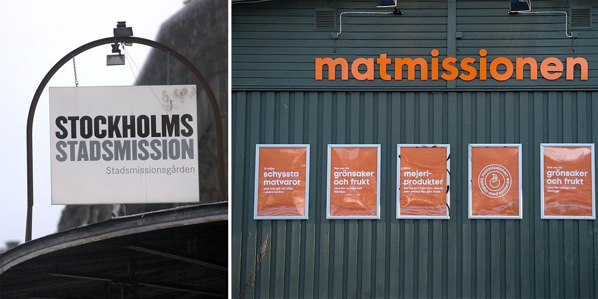 Skylt till Stockholms Stadsmission och Matmissiopnen. Allt fler har inte råd att köpa mat, det märker både Stadsmissionen och Mathjälpen i Vingåker