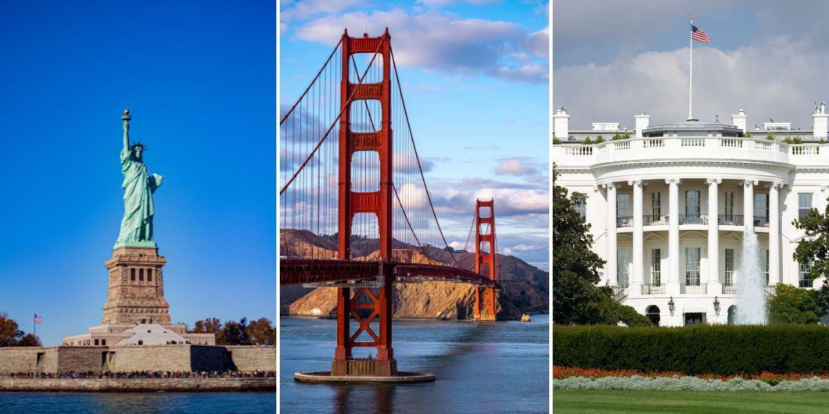 Frihetsgudinnan, Golden Gate-bron och Vita huset. Allt färre svenskar vill åka till USA, anledningen tros vara det politiska läget