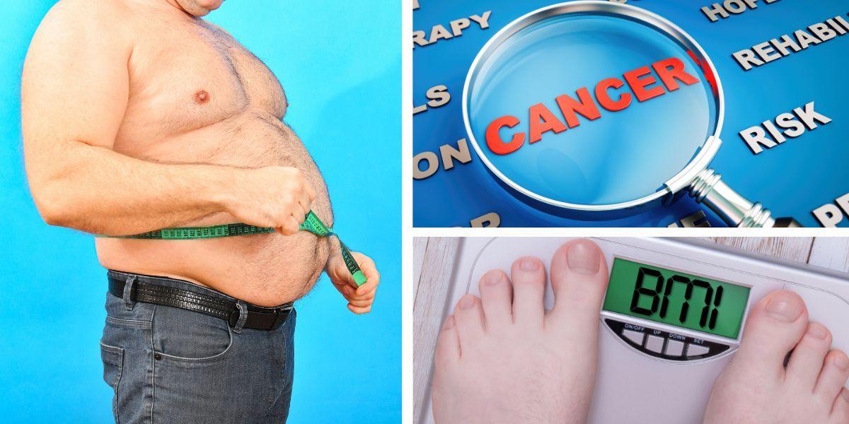 En man mäter sin midja, någon väger sig och väger säger BMI och ett förstoringsglas på ordet cancer.