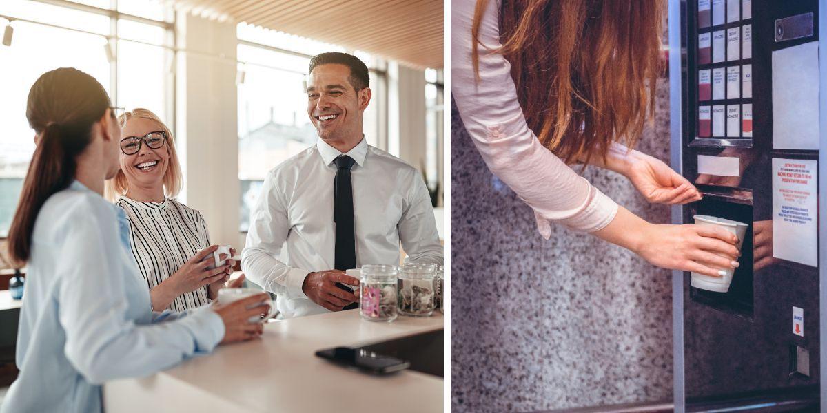 Medarbetare fikar tillsammans och en kvinna hämtar kaffe ur en kaffeautomat