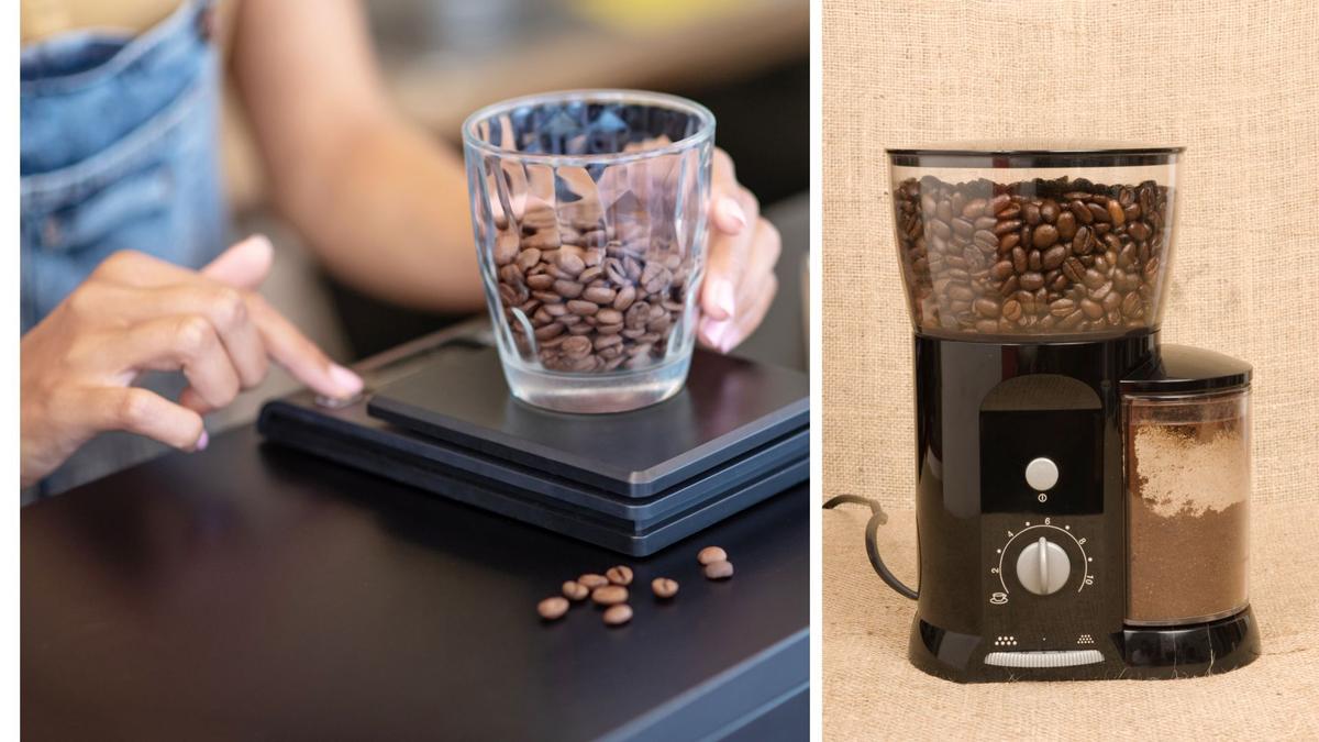 kaffebönor vägs och en kaffekvarn. Väg kaffet och skaffa en kaffekvarn, det är ett par tips från en prisbelönt barista