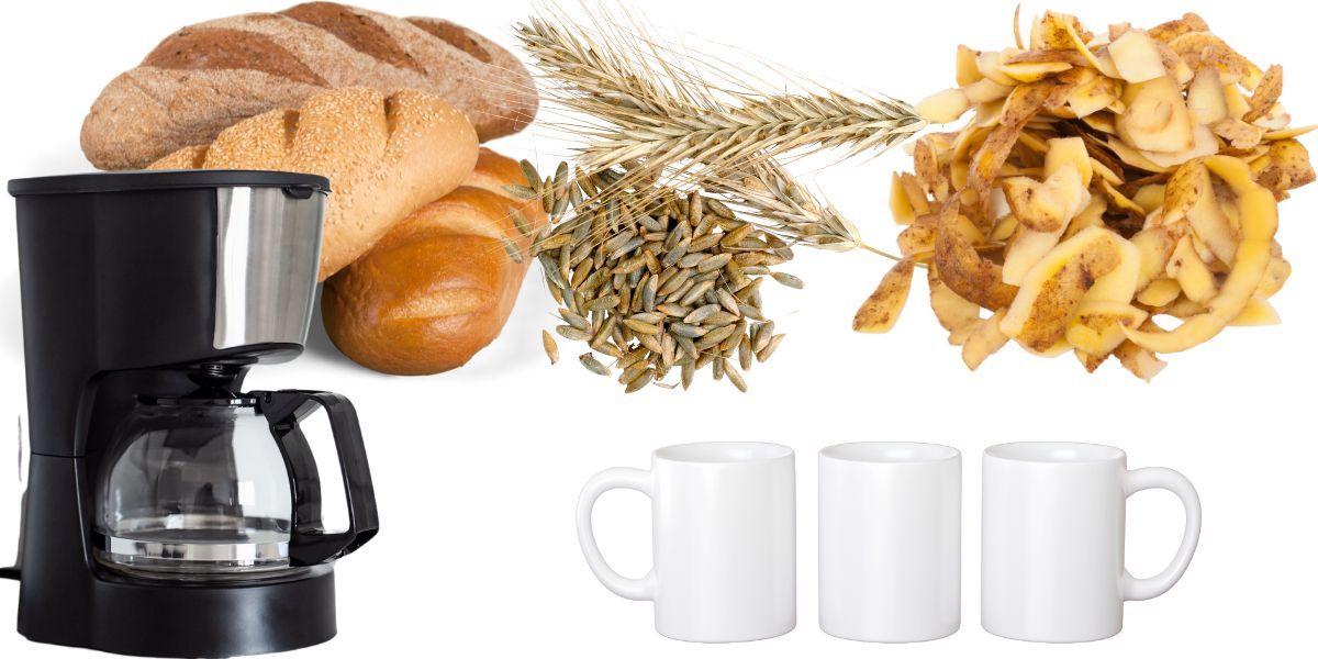 Bröd, råg, potatisskal, en kaffebryggare och tre kaffekoppar. Expressen har testat tre kaffesurrogat gjorda på bröd, råg och potatisskal. Bilden är ett montage