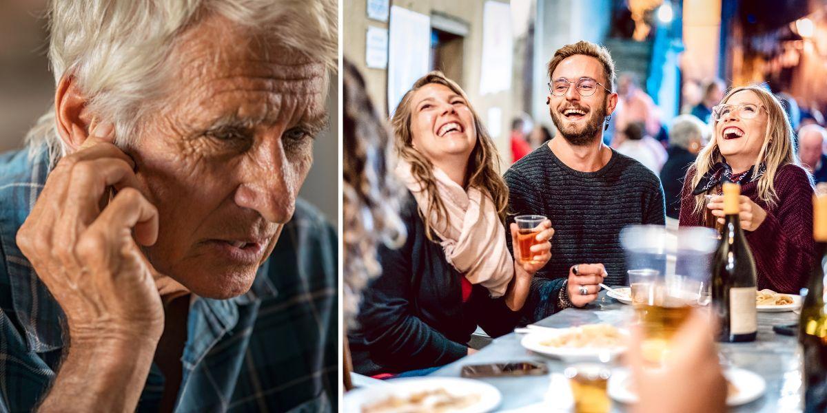 En man störs av ljud och en grupp unga människor har roligt på restaurang. Ljudmiljön på restauranger kan vara jobbig för äldre personer möjligheten att höra tal i bakgrundssorl kan börja försämras redan i 55-årsåldern