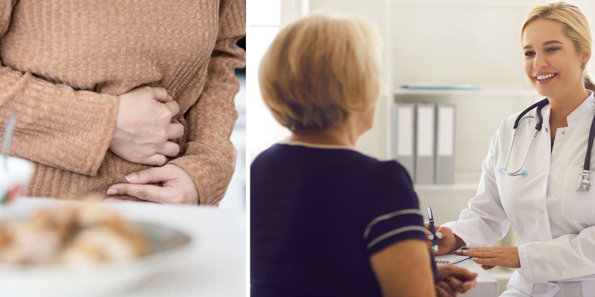 En kvinna har ont i magen och en kvinna är hos doktorn. En kvinna med stora magproblem uppmanades att banta trots att hon sökte hjälp flera gånger under flera år, men magbesvären berodde på en stor tumör. Personerna på bilden har inte med texten att göra