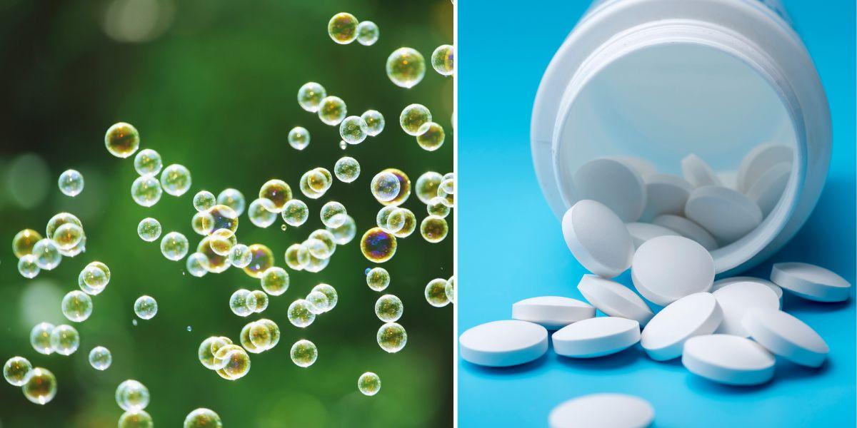 Något svävar i luften och en burk piller. Nanoplast kan sväva fritt i luften och ta sig in i våra kroppar, nu visar en studie att plasten suger åt sig antibiotika