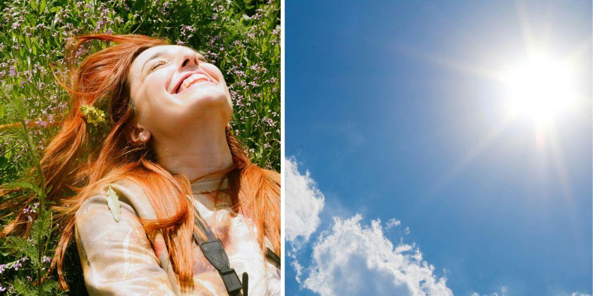 En kvinna solar ansiktet och en sol. Vi människor får i första hand vårt D-vitamin från solen