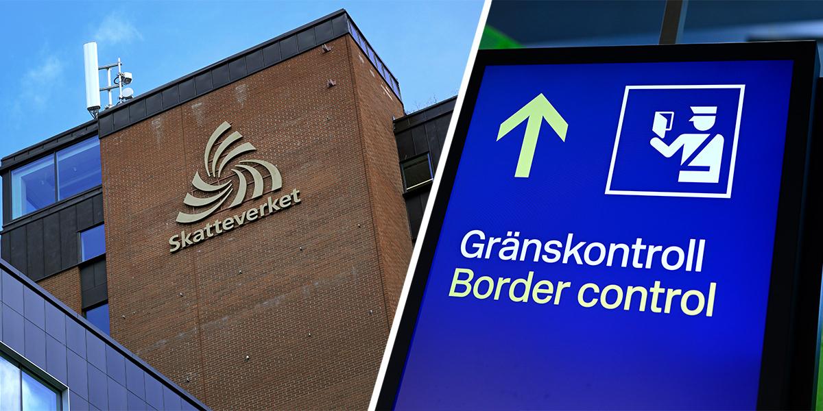Skatteverket och en skylt med gränskontroll. Det kan vara svårt för svenskar som bor utomlands och vill flytta hem då Skatteverket inte alltid låter dem folkbokföra sig i Sverige