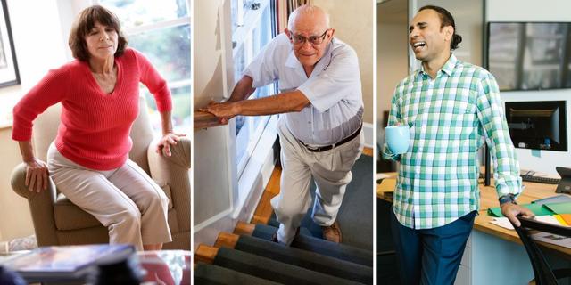 En kvinna reser sig ur en stol, en man går uppför en trappa och en man står och dricker kaffe. Vardagsmotion, att röra sig i vardagen, har större effekt på vår hälsa än att träna på gym