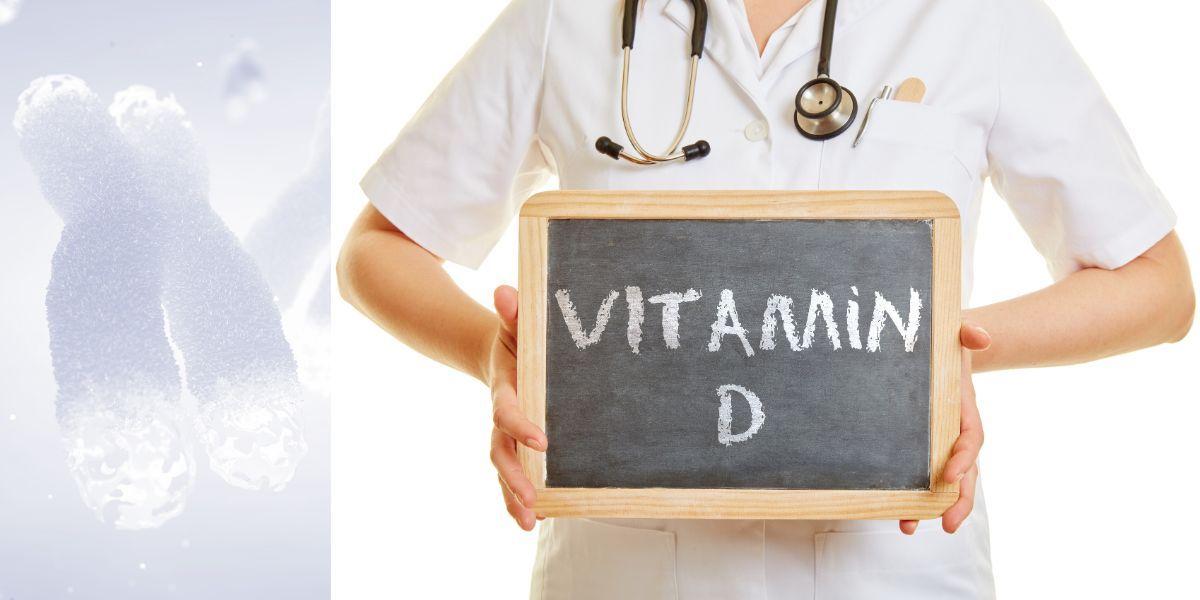 En kromosom med skadade telomerer och en person håller upp en skylt med ordet vitamin D
