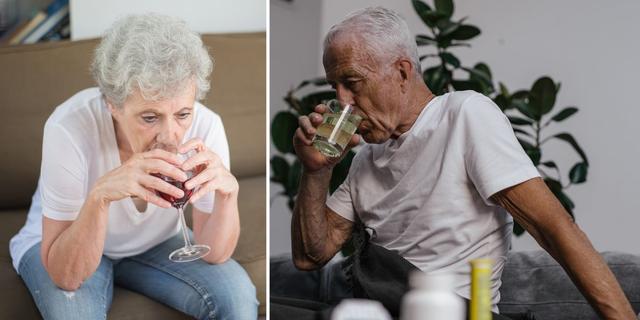 En kvinna dricker vin och en man dricker sprit. Personer över 65 dricker allt mer alkohol och allt fler som har hemtjänst har identifierade alkoholproblem