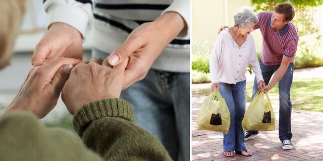 Unga händer hjälper äldre och en ung man hjälper en äldre kvinna