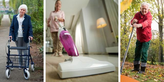 En kvinna promenerar, en kvinna dammsuger och en man jobbar i trädgården. All rörelse är bra för hälsan, det kan vara vanliga promenader eller att pyssla och påta i hemmet