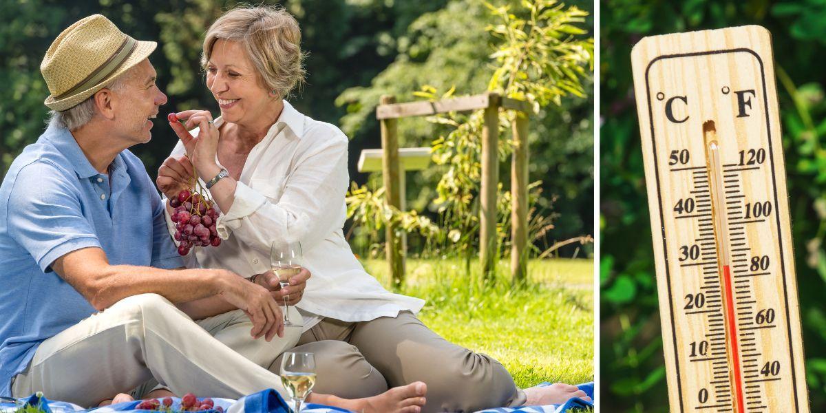 Ett par har picknick och en termometer viar nästan 30 grader. Till helgen har picknick-väder med vi sommarvärme i hela landet.