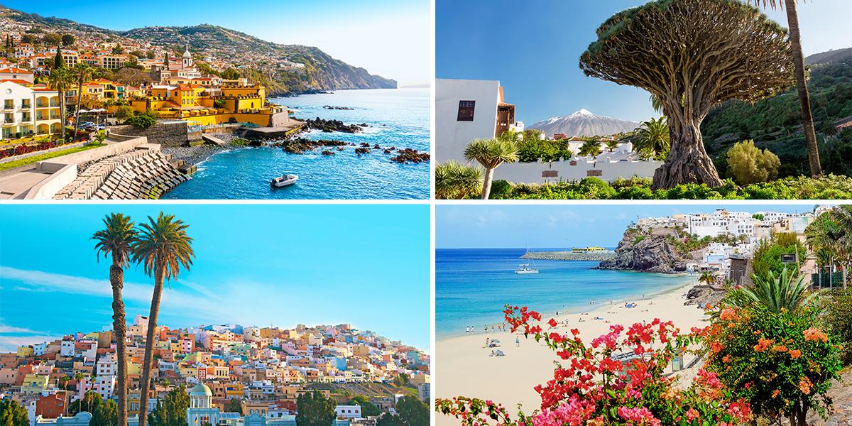 Ny lanseras en ny paketresa med kryssning till Madeira, (högst upp till vänster), Teneriffa (högst upp till höger, Gran Canaria (längst ned till vänster) och Fuerteventura (längst ned till höger)