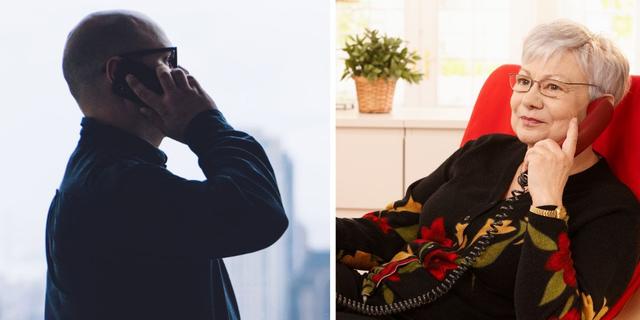 En man ringer en kvinna. Fem män åtalas för bedrägerier mot äldre där de ringt sina offer och lurat av dem bankkort och pinkoder för att sedan ta ut offrens pengar.