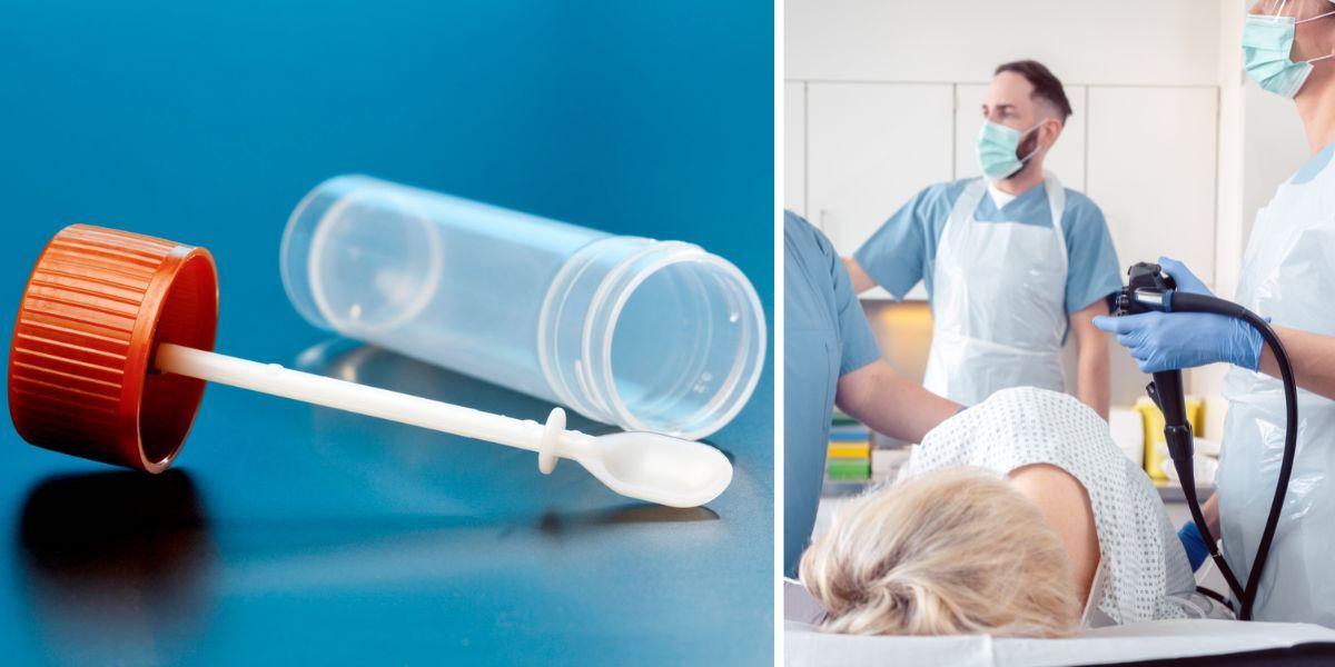 En testtup för avföringsprov och en koloskopi. Att skicka in ett litet avföringsprov i en testtub kan rädda liv och om blod hittas i avföringen kallas du till en koloskopi där insidan av tarmen undersöks med hjälp av en mjuk slang med en kamera.