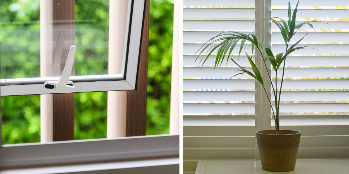 Ett öppet fönster och ett fönster med neddragna persienner. Vädra tidigt på morgonen och på kvällen när luften är sval och skärma av solen genom att dra för gardiner eller dra ned persienner innan solen ligger på, det är några tips som kan förbättra din sömn när nätterna är heta.