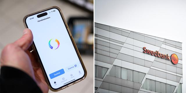 En mobil med Swish och Swedbanks logga på en fasad. Swedbank ändrar sitt maxtak för Swish.