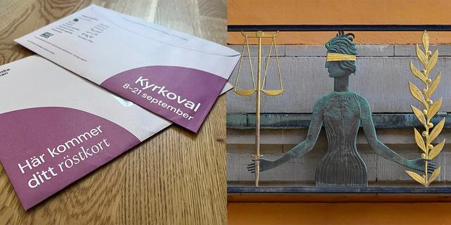 Röstkort till kyrkovalet som skickats ut till medlemmar i Svenska kyrkan och Fru justitia ovanför ingången till säkerhetssalarna vid Stockholms tingsrätt. 90 av kandidaterna till höstens kyrkoval är dömda eller misstänkta för brott.