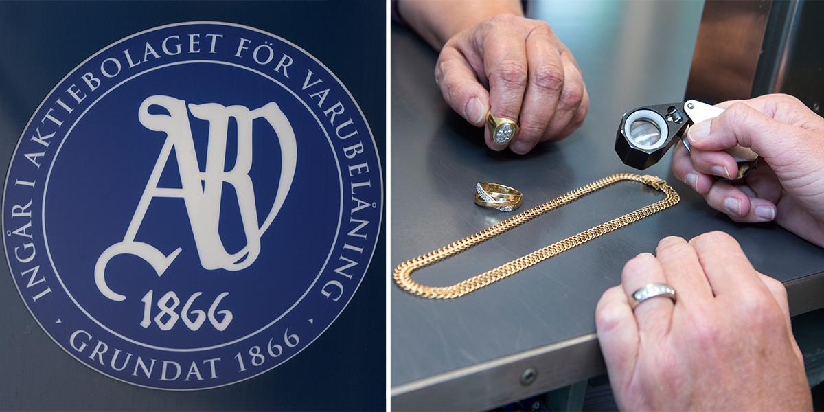 Logga för Pantbanken Sverige och någon värderar en guldkedja på en pantbank