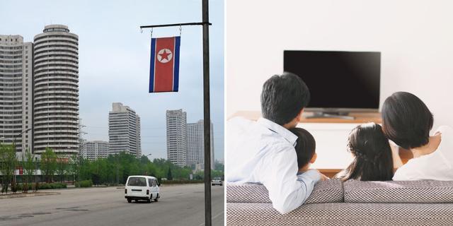 Pyongyang, huvudstad i Nordkorea, och en familj tittar på tv