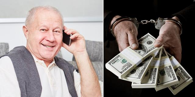 En man talar i telefon och händer med handbojor håller i en massa pengar. Kriminella nätverk tjänar mycket pengar på bedrägerier mot äldre där bedragarna först ringer och sedan kommer hem till den utsatta och hämtar värdesaker.