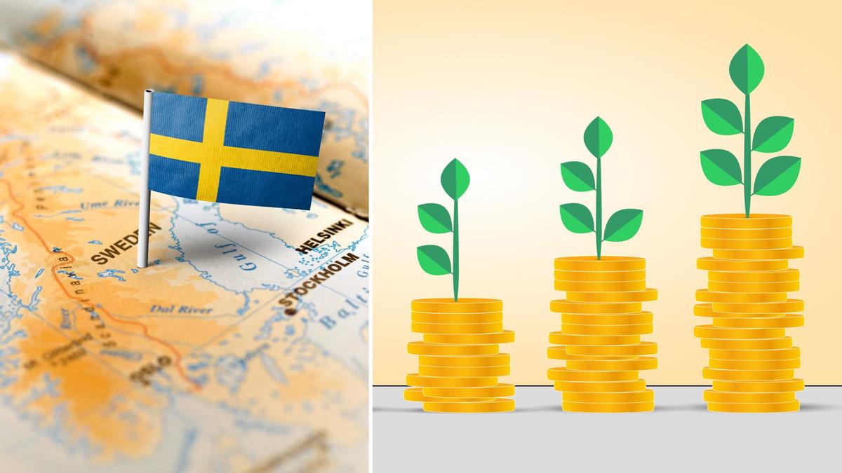 Svensk karta och flagga och högar med mynt.