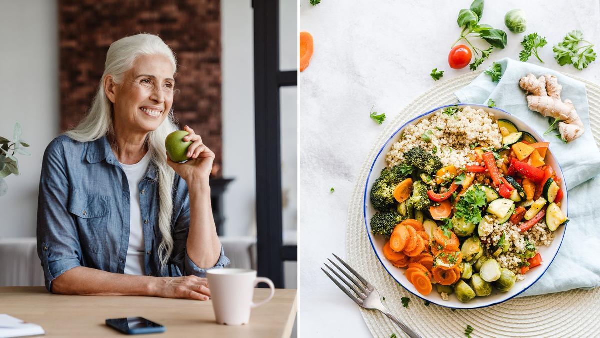Vithårig kvinna håller i ett äpple, en skål med nyttig mat.