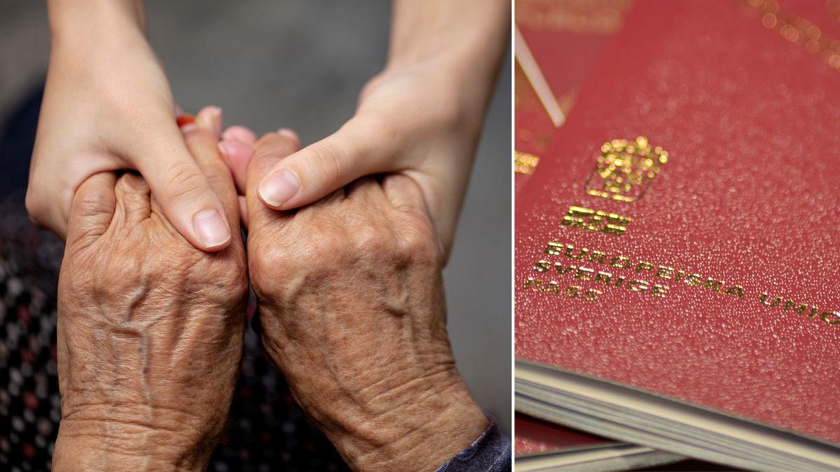 Tii vänster, unga händer håller i gamla. Till höger svenska pass.