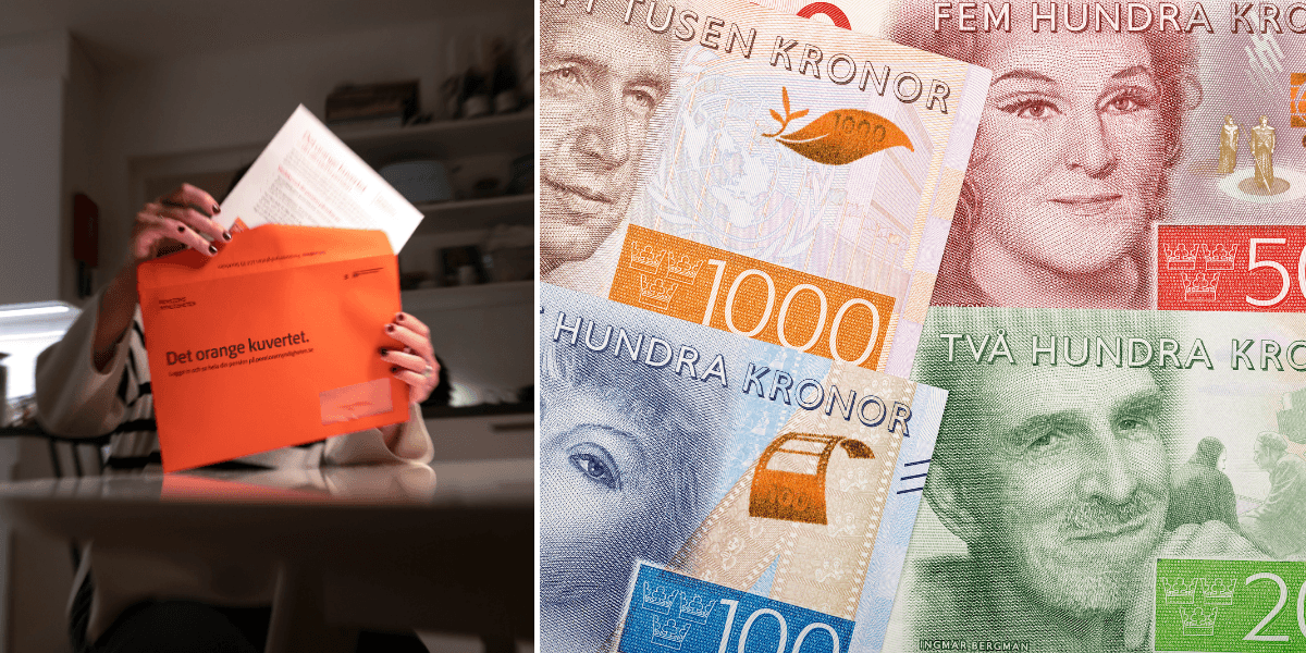 Pensionskuvert till vänster, svenska sedlar till höger.