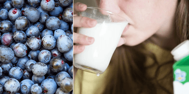 Till vänster: Blåbär. Till höger: En tjej dricker ett glas mjölk.