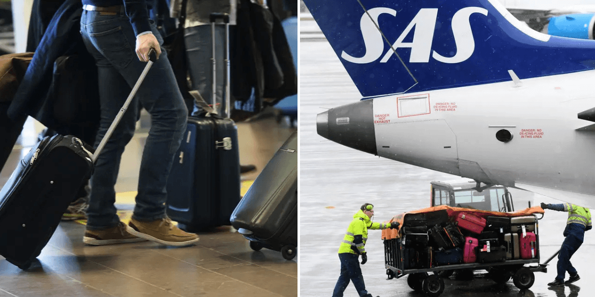 Till vänste: Bagage. Till höger: Väskor lastas ombord på ett SAS-plan.