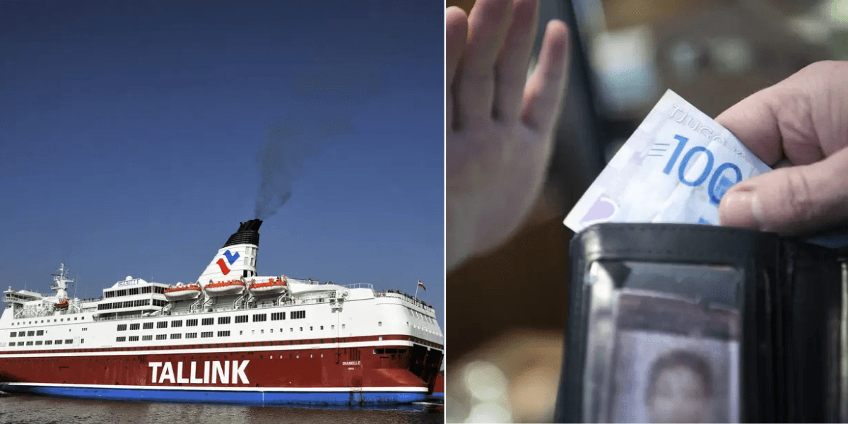 Höger: Färjebolaget Tallinks färja Isabella. Vänster: En äldre man tar upp kontanter ur en plånbok.