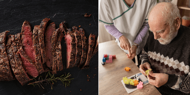 till vänster: kött. till höger: äldre man med demens