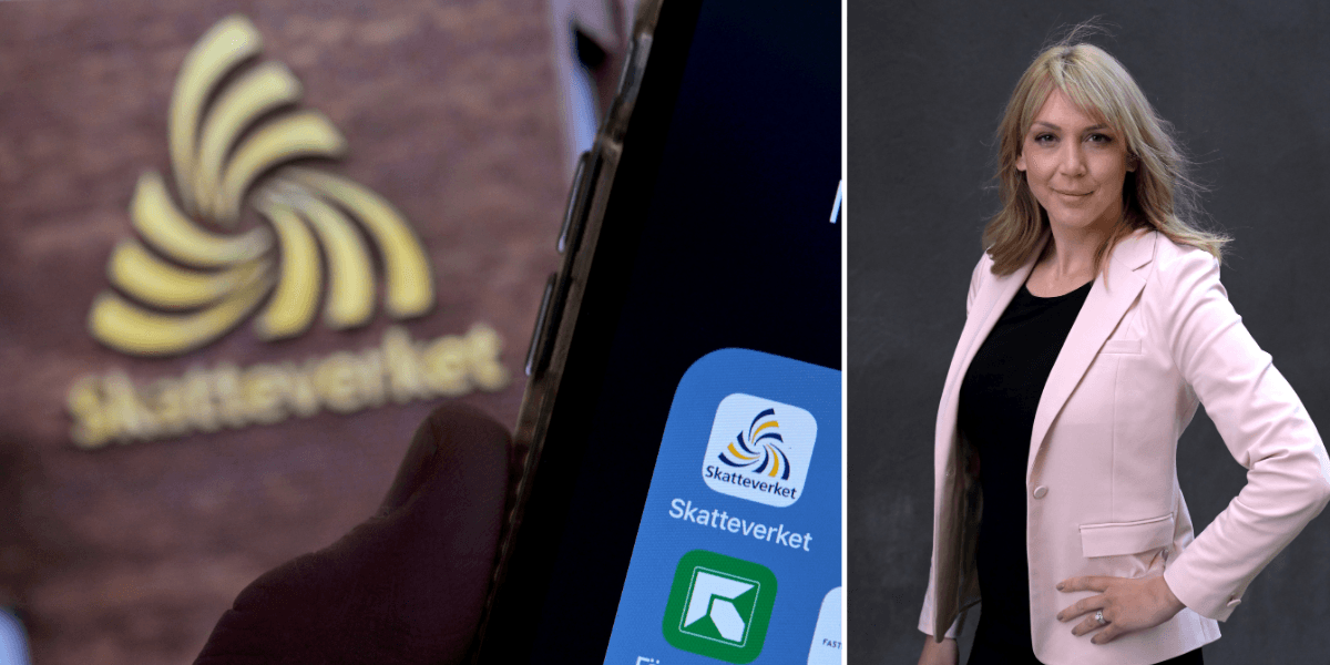 Skatteverkets logga till vänster och en blond kvinna i rosa kavaj som kan aktier till höger.