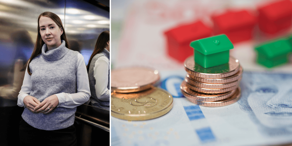 En kvinna till vänster och monopolhus och svenska pengar till höger som symboliserar bolån.