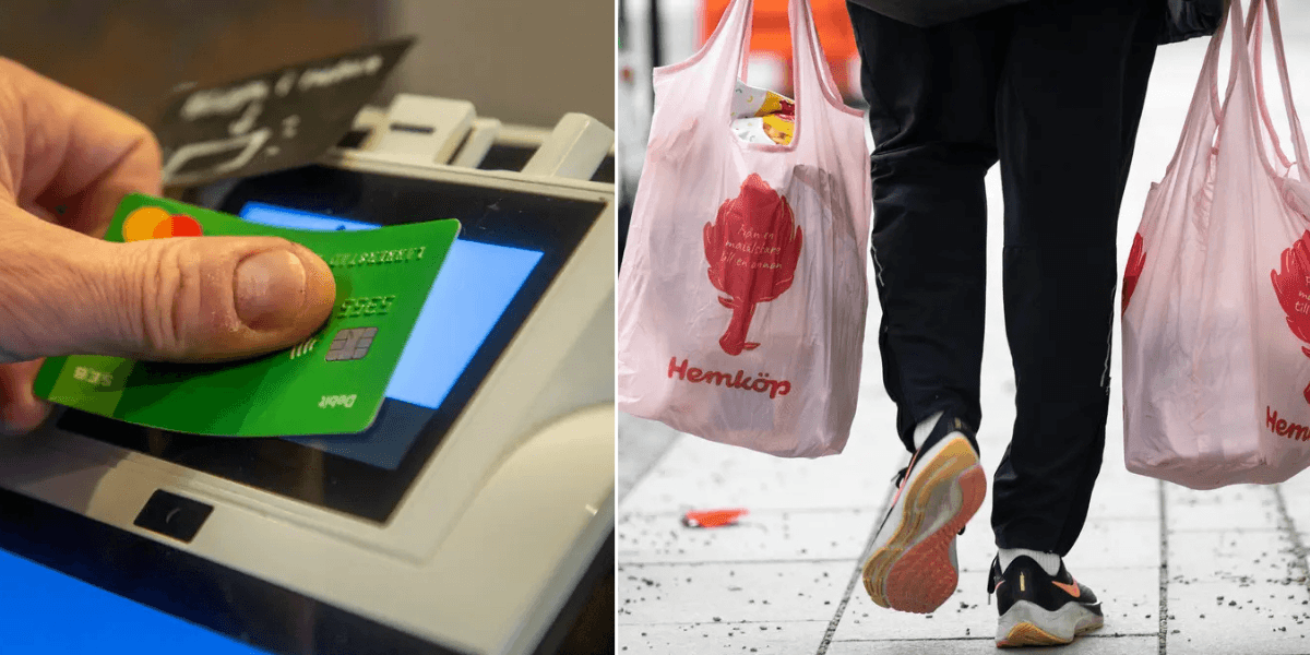 Till vänster: En person, en man betalar med kort i en kortterminal. Till höger: En man bär hem mat i två matkassar från Hemköp.