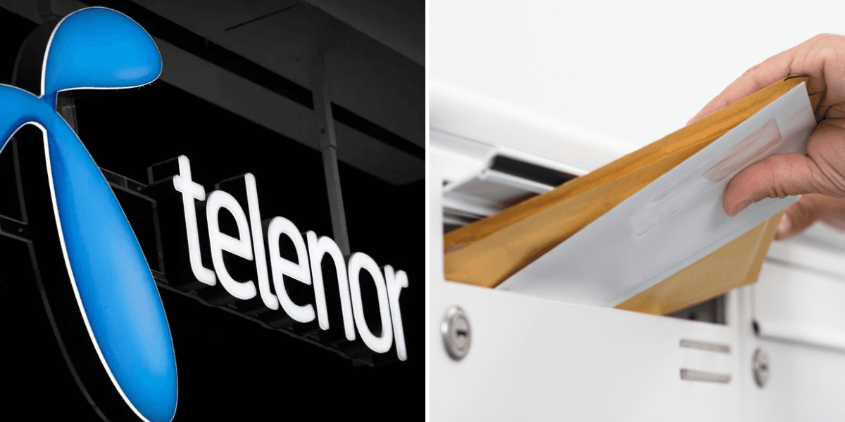 Till vänster: Telenors logga. Till höger: Händer plockar upp brev ur en brevlåda