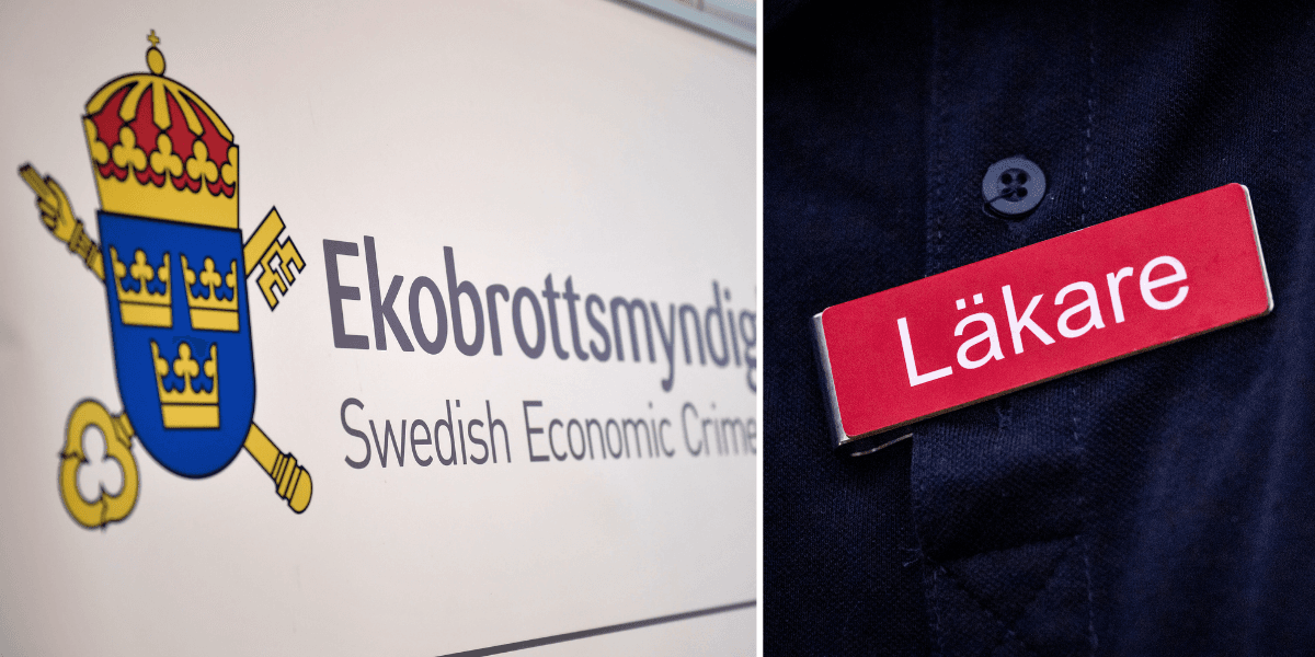 Ekobrottsmyndighetens logga till vänster och en namnskylt det står läkare på till höger.