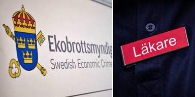 Ekobrottsmyndighetens logga till vänster och en namnskylt det står läkare på till höger.