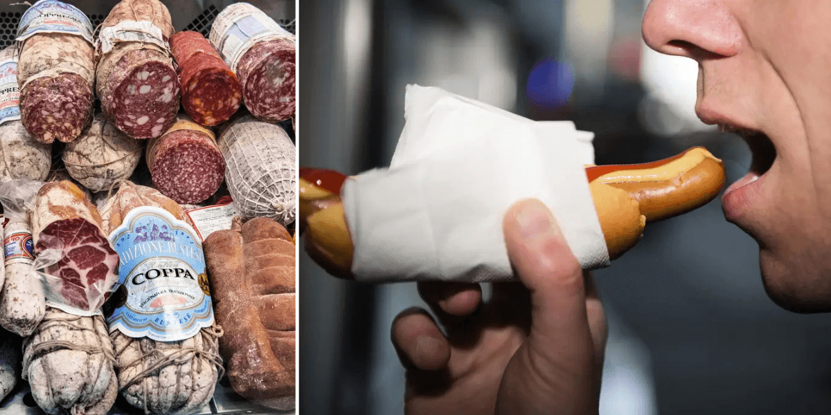 Till vänster: En charkdisk med korv. Till höger: En man äter korv med bröd